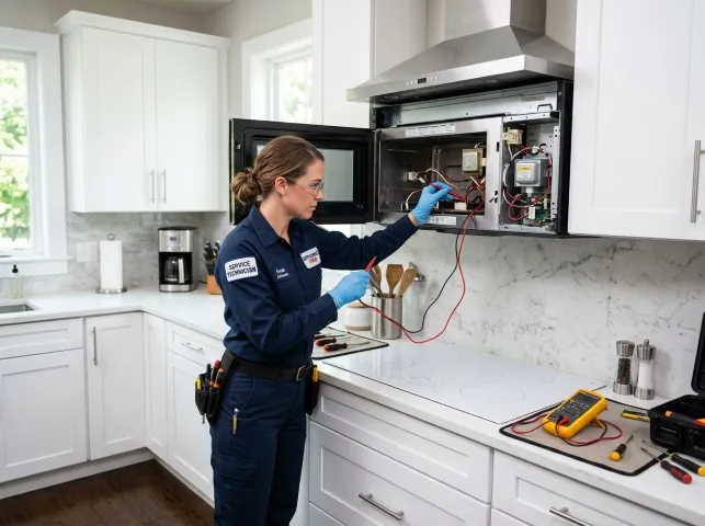 Appliance Repair Hero technician testing an over-the-range microwave in a Atherton, CA kitchen